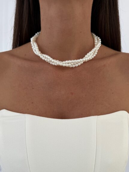 LP Özel Üretim Üçlü Sarmal Tasarım Gold İnci Kolye