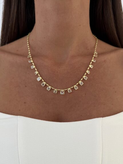 Özel Seri Kare Zirkon Taşlı Arpa Zincir Gold Kolye