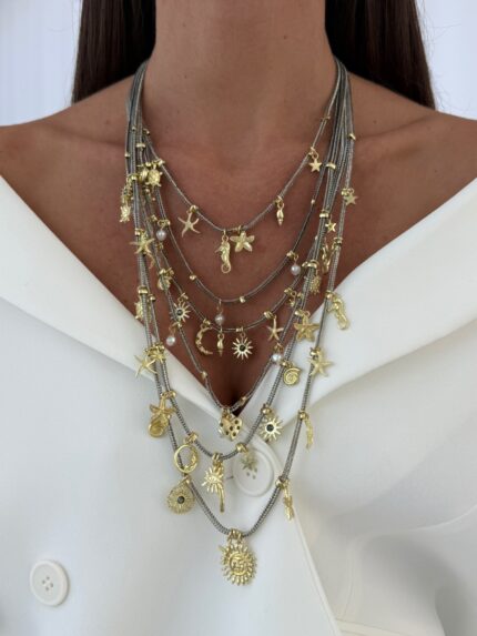 Özel Seri Mini Charmlı Gold & Gümüş Altı Sıra ZR Kolye