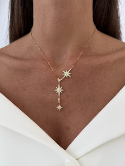 Özel Seri Zirkon Taşlı Yıldız Tasarım Gold Y Kolye