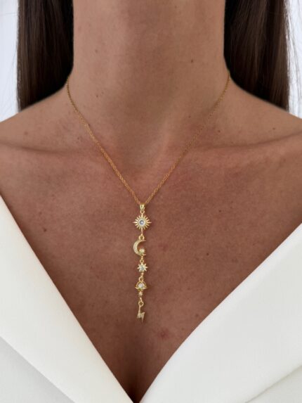 Özel Seri Zirkon Taşlı Dünya & Ay Tasarım Gold Y Kolye