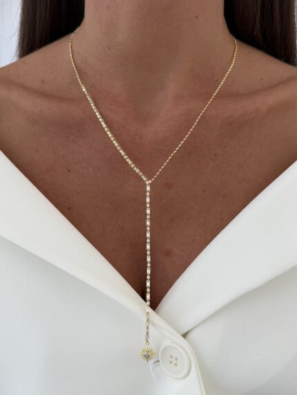 Özel Seri Baget Taşlı Ucu Güneş Tasarım Gold Y Kolye