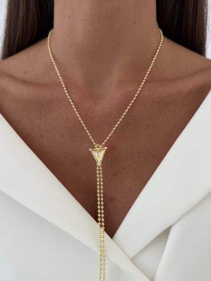 Özel Seri Zirkon Taşlı Üçgen Tasarım Gold Top Zincir Y Kolye