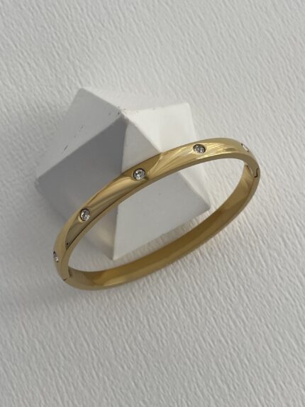 Çelik Zirkon Taşlı Gold Kelepçe Bileklik