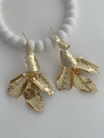 Özel Seri Maksi Boy Desenli Yaprak Tasarım Gold Küpe