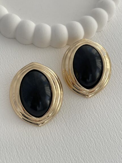 Özel Seri Siyah Mineli Oval Tasarım ZR Model Gold Küpe