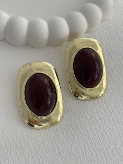 Özel Seri Acı Kahverengi Kemik Oval Tasarım Gold Küpe