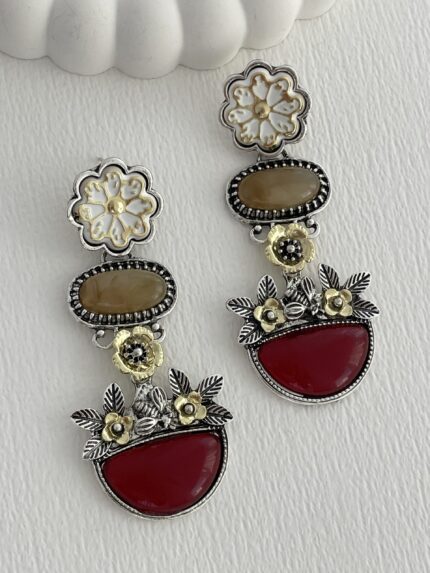 Özel Seri Eskitme ZR Model Bordo Oval Tasarım Küpe