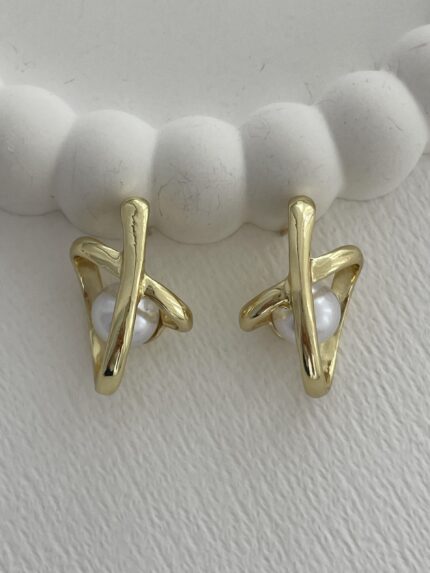 Özel Seri İnci Detay X Yuvarlak Tasarım Gold Küpe