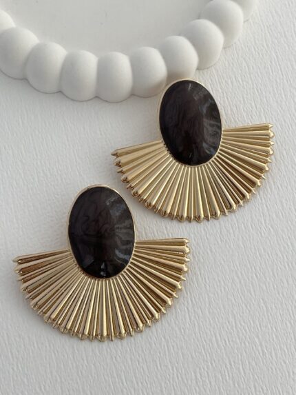 Özel Seri Oval Yelpaze Tasarım Gold Kahverengi Detay Küpe