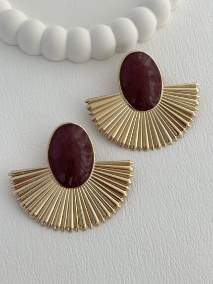 Özel Seri Oval Yelpaze Tasarım Gold Bordo Detay Küpe