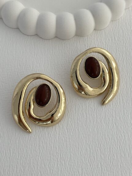 Özel Seri Kahverengi Soyut Spiral Tasarım Gold Küpe