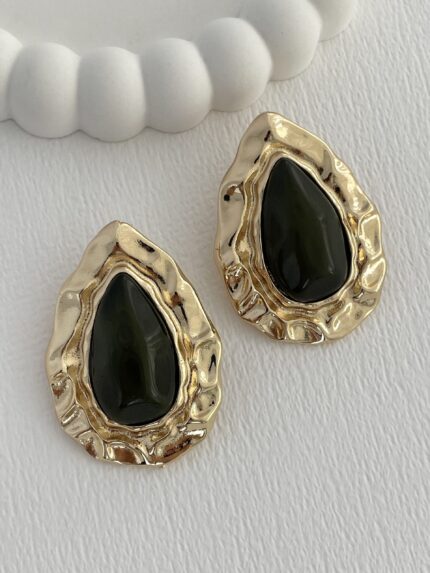 Özel Seri Haki Kemik Soyut Damla Tasarım Gold Küpe