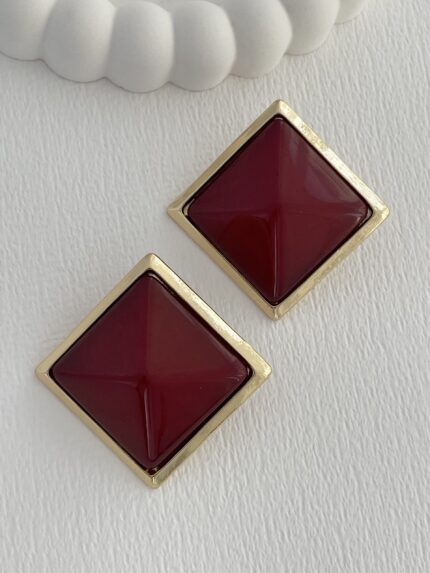 Özel Seri Bordo Kemik Detay Kare Tasarım Gold Küpe