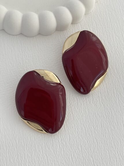 Özel Seri Bordo Kemik Oval Soyut Tasarım Gold Küpe