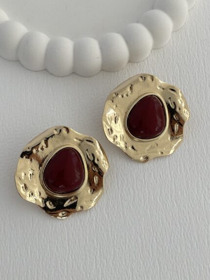 Özel Seri Bordo Kemik Desenli Soyut Tasarım Gold Küpe