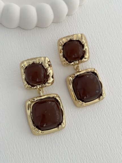 Özel Seri Kahverengi Kemik İkili Kare Tasarım Gold Küpe