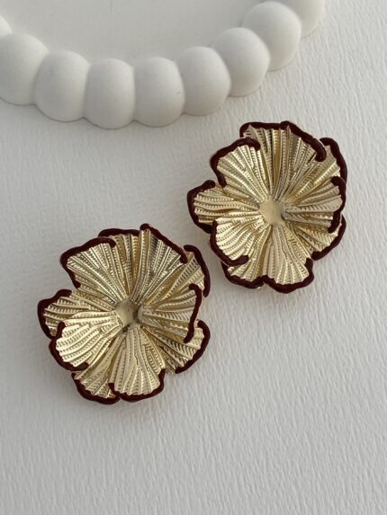 Özel Seri Bordo Mineli Çiçek Tasarım Gold Küpe