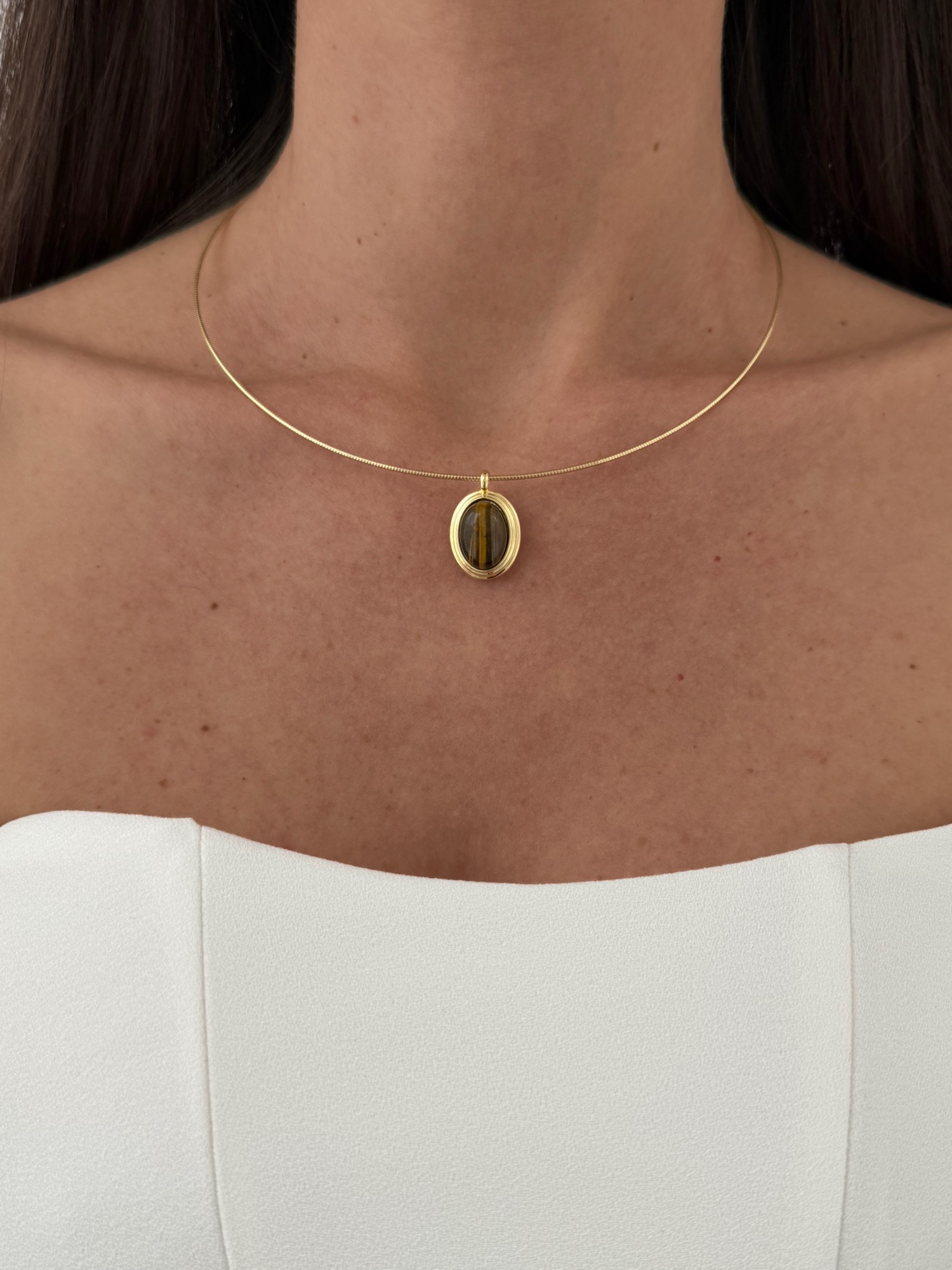 img_2785-5 Özel Seri Kahverengi Mineli Oval Tasarım Gold Choker Kolye