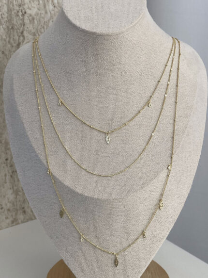 Özel Seri Zirkon Taşlı Yaprak Tasarım İnce Üçlü Gold Kolye