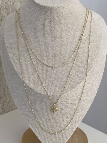 Özel Seri Zirkon Taşlı Kar Tanesi Tasarım Üçlü İnce Gold Kolye