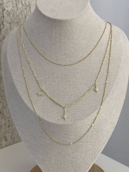 Özel Seri Zirkon Taşlı Yıldız Tasarım İnce Üçlü Gold Kolye