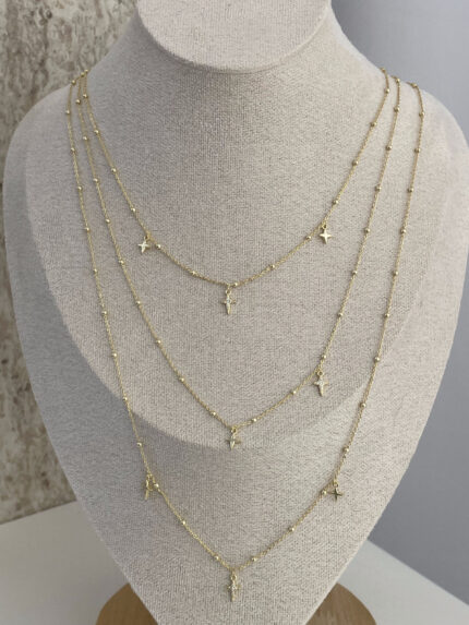 Özel Seri Minik Top Detay Çoklu Yıldız Tasarım İnce Üçlü Gold Kolye