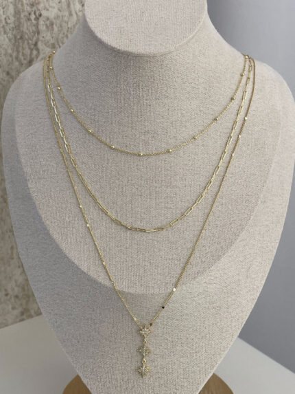 Özel Seri Zirkon Taşlı Yıldız Tasarım Minik Plaka Detay Üçlü İnce Gold Kolye