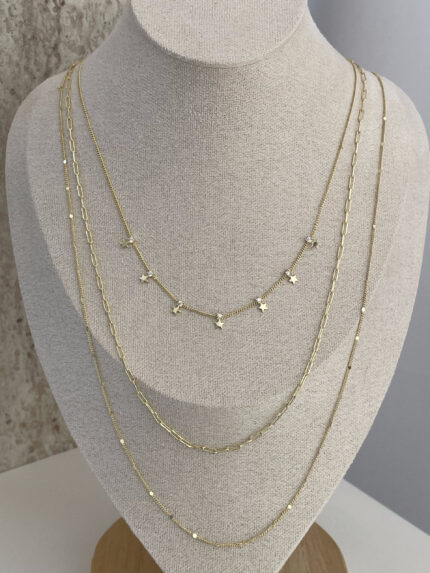 Özel Seri Zirkon Taşlı Minik Yıldız Tasarım Üçlü İnce Gold Kolye