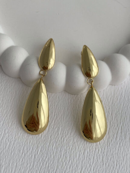 Çelik İkili Damla Tasarım Sallantılı Gold Küpe