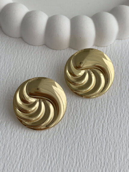 Çelik Dalga Tasarım Yuvarlak Gold Küpe