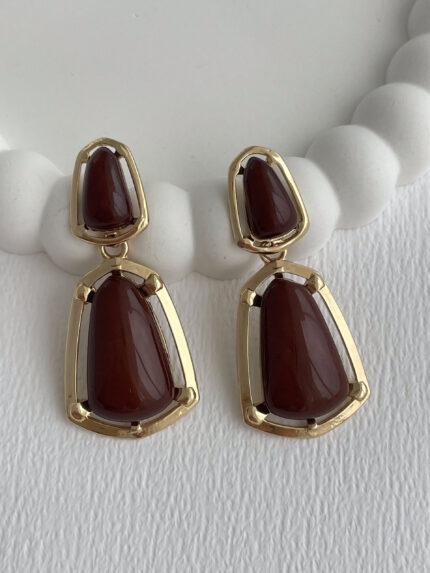 Özel Seri Kahverengi Kemik İkili Geometrik Tasarım Gold Küpe