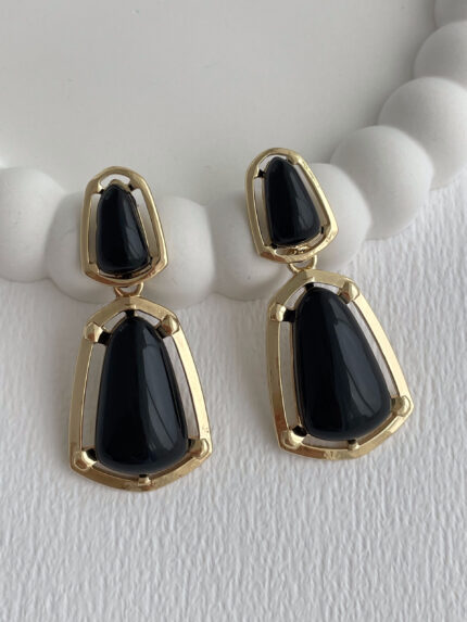 Özel Seri Siyah Kemik Detay İkili Geometrik Tasarım Gold Küpe