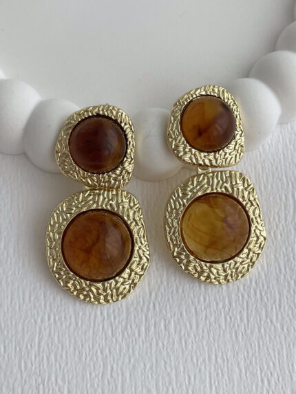 Özel Seri Kahverengi Akrilik Taş Desenli İkili Yuvarlak Tasarım Gold Küpe