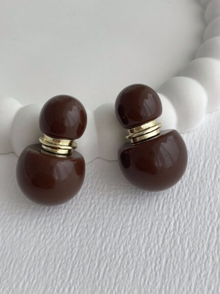 Özel Seri Kahverengi Kemik İkili Top Tasarım Gold Küpe