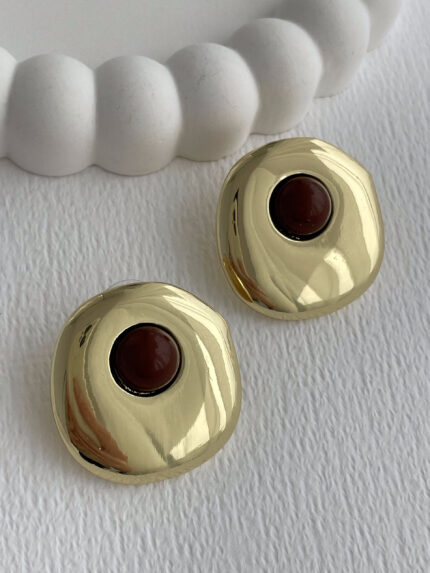 Özel Seri Kahverengi Mineli Yuvarlak Tasarım Gold Küpe