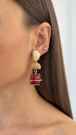 Özel Seri Sallantılı Bordo & Bej Taş Tasarım Gold Küpe - Görsel 2
