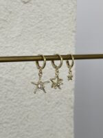 Özel Seri Baget Taşlı Yıldız Üçlü Halka Gold Küpe Seti - Görsel 4