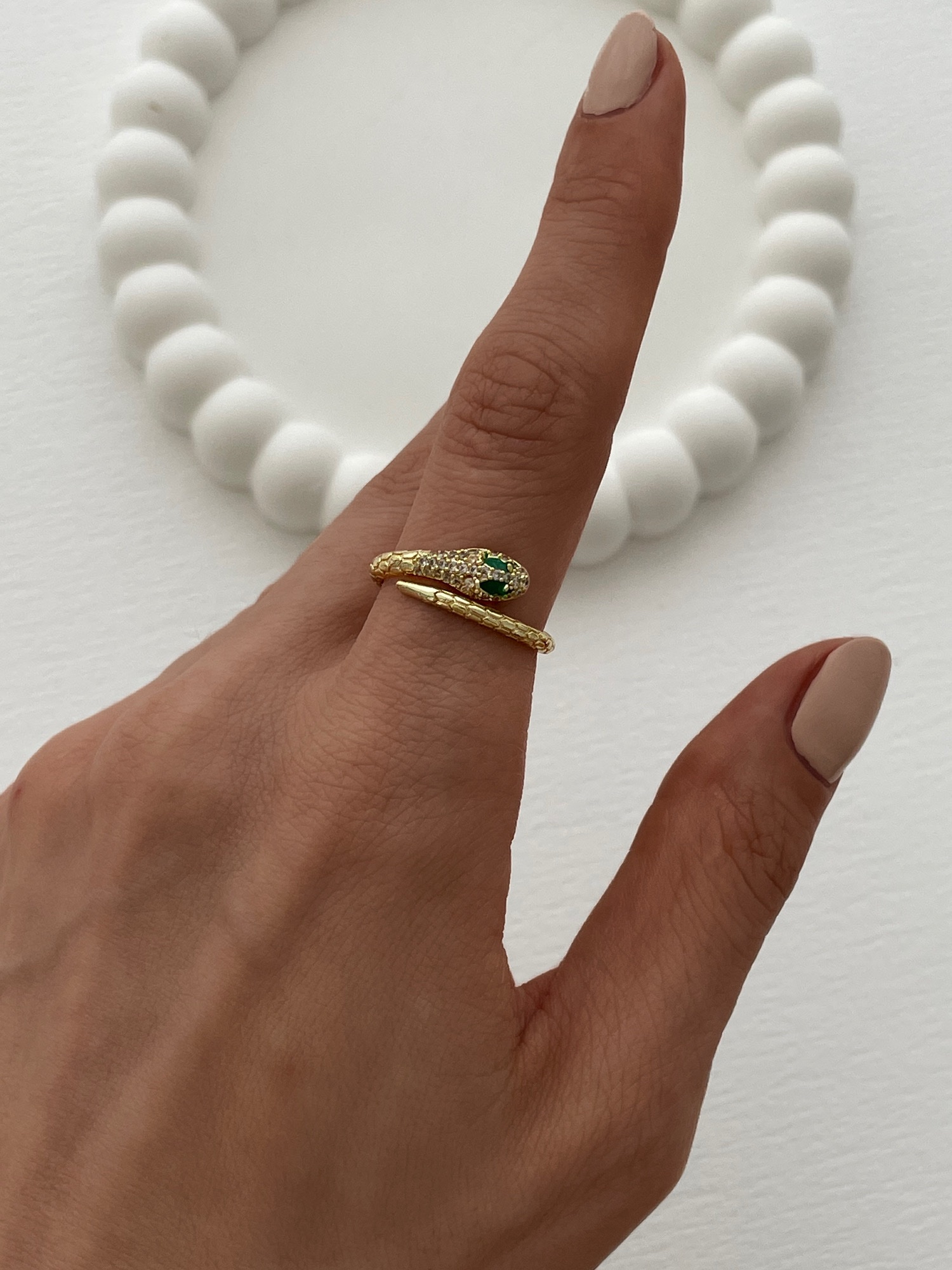 img_5660-5 Özel Seri Yeşil Zirkon Taşlı Yılan Tasarım Ayarlanabilir Gold Yüzük