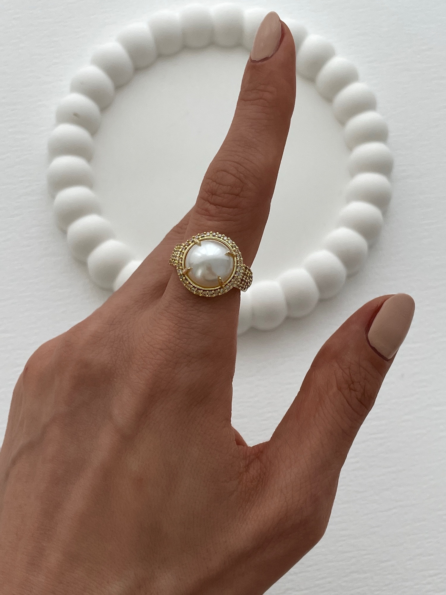 img_6438 Özel Seri İnci Top Detay Zirkon Taşlı Ayarlanabilir Gold Yüzük