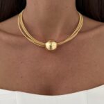 Özel Seri Tel Tasarım Top Detay Gold Choker Kolye