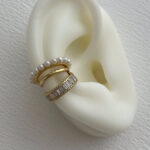 Özel Seri Baget Taş Tasarım İnci Detay Gold Earcuff Küpe