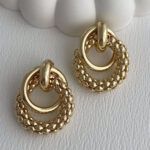 Özel Seri İç İçe Halka Topçuk Detay Gold Küpe