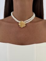 LP Özel Üretim Gül Tasarım Gold İnci Choker Kolye
