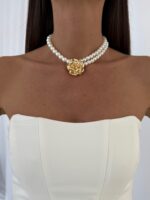 LP Özel Üretim Gül Tasarım Gold İnci Choker Kolye - Görsel 2