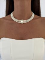 LP Özel Üretim Zirkon Taşlı Vintage Üçlü İnci Choker Kolye - Görsel 2